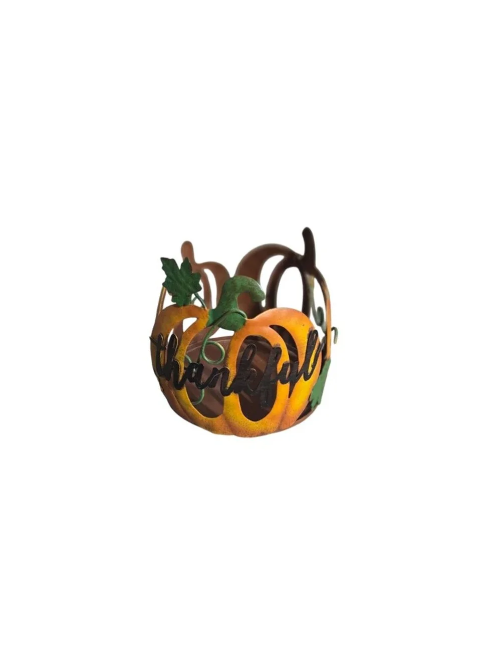 Decorative Metal Pumpkin Candle Holder with 'Thankful' Script